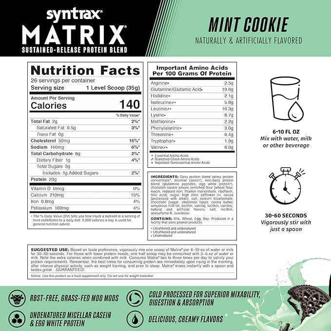 Syntrax Nutrition Matrix Sustained-Release Protein Blend Mint Cookie with Real Cookie Pieces 2 lbs.
