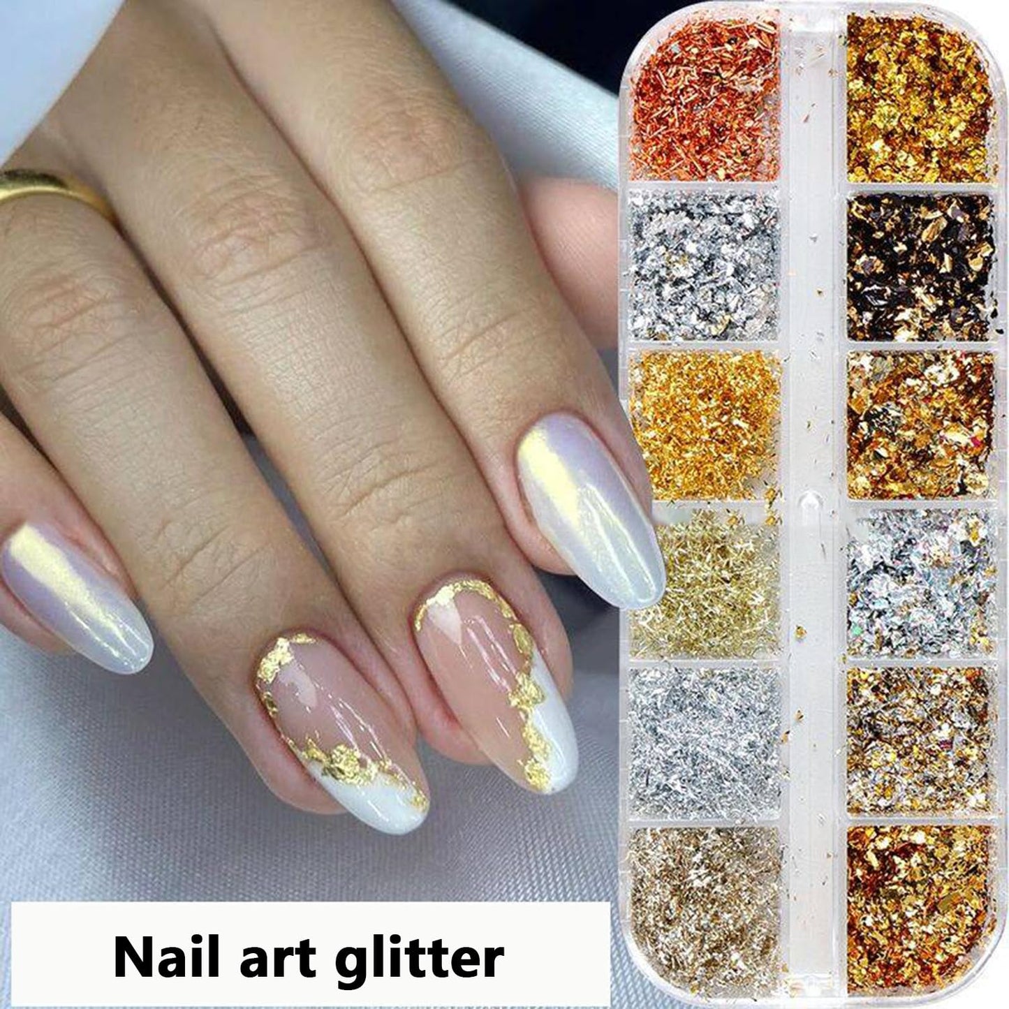 12 Grids Holographic Nail Glitter Gold Foils for Kit Sparkly Ultra-Thin Aluminum Foil Nail Art Flakes Designs Irregular Foil 3D Glitter Foil Sequins for Women DIY Manicure Charms Decorations