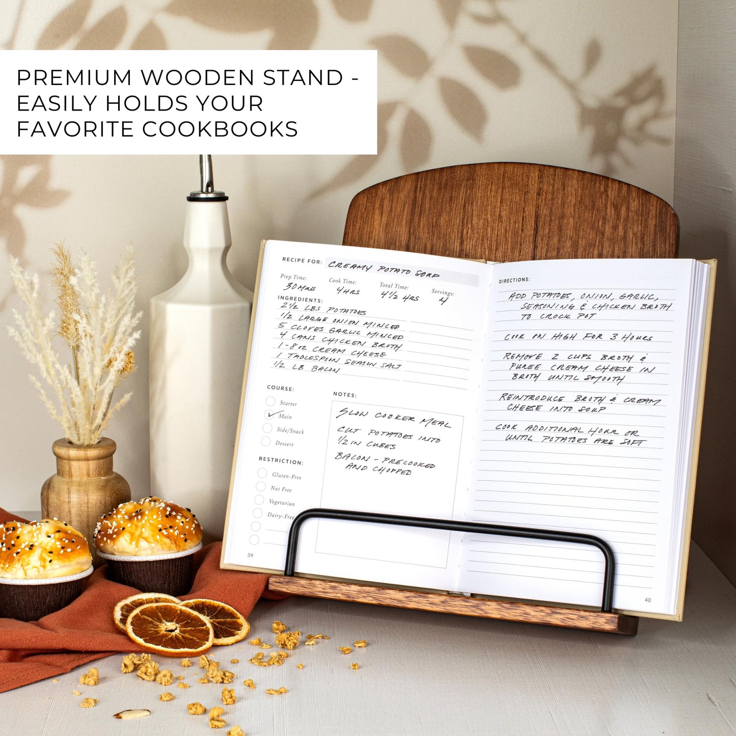 Beautiful Cookbook Stand for Your Kitchen Counter - Solid Wood Stand Easily Keeps Cook or Recipe Books Open for Convenient Cooking - Perfectly Fits Your iPad/Tablet and Enhances Any Kitchen Decor