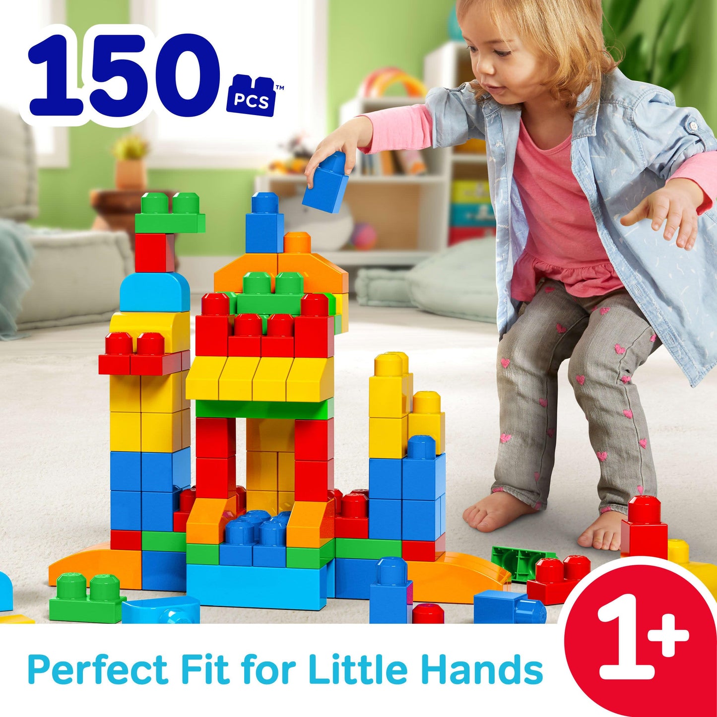 MEGA BLOKS First Builders Toddler Blocks Toys Set, Deluxe Building Bag with 150 Pieces and Storage, Creative Open-Ended Play, Blue, Ages 1+ Years (Amazon Exclusive)