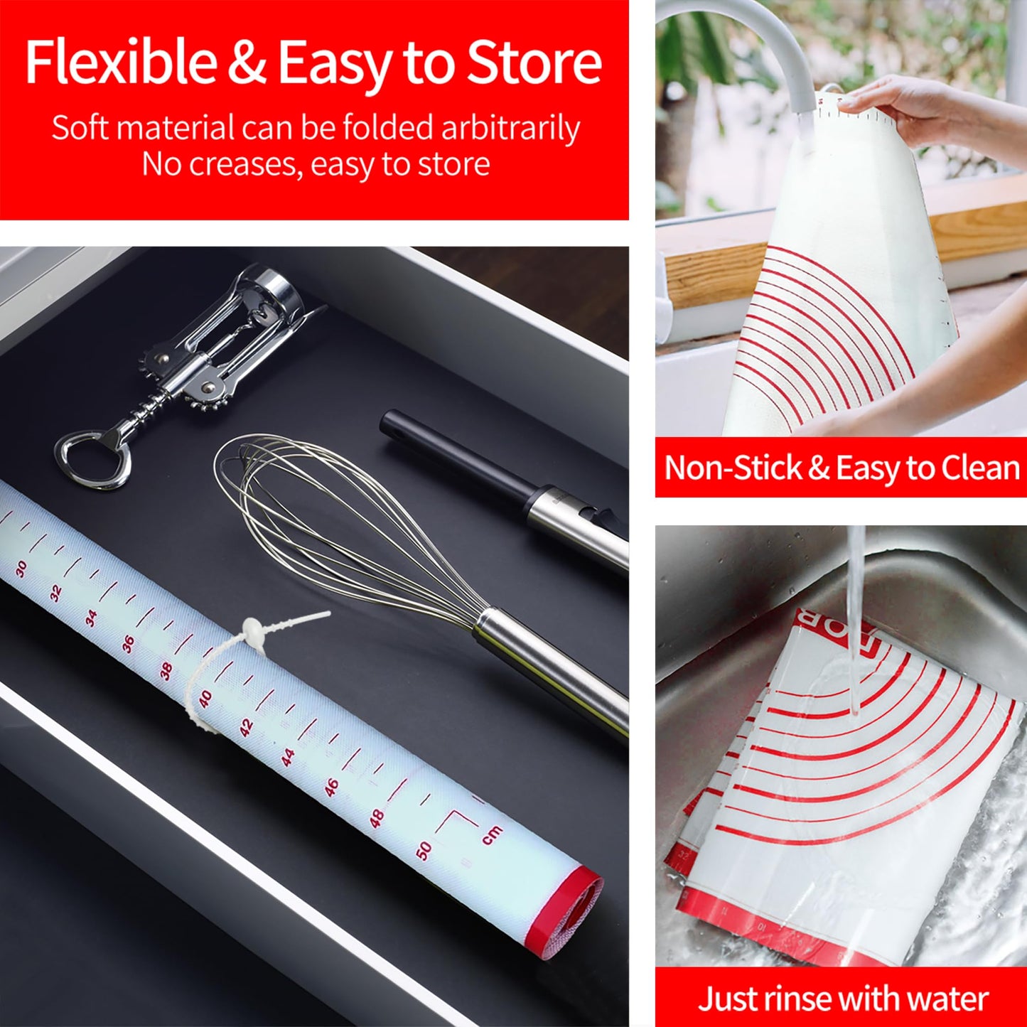 Silicone Baking Mat Super Large, 32x24 inch Silicone Pastry Non Stick Kneading Mat with Cable Ties and Dough Scraper, Measurement Food Grade Silicone Mat for Rolling Dough