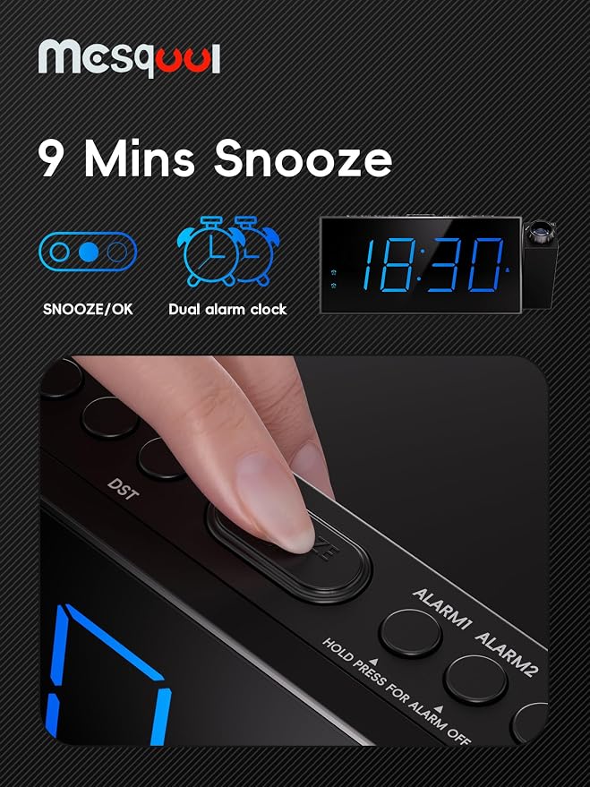 Mesqool Projection Alarm Clock with Loud Bed Shaker, Dual Alarms | 5-level Dimmer, USB charger, Snooze & DST, Loud Vibrating Alarm with Battery Backup, Perfect for Heavy Sleepers