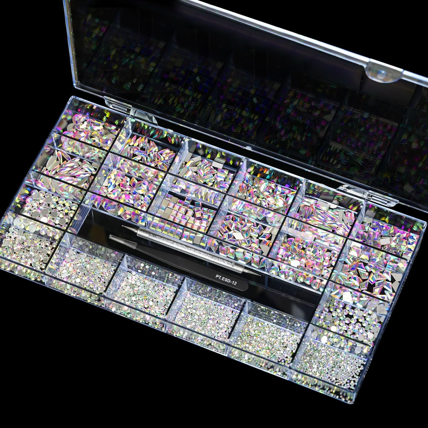 Yzzseven 12 Types of 600 Crystal AB Diamonds + 2500 Flat Rhinestones Mix 20 Styles Flatback DIY Crafts Rhinestone Crystals 3D Ornament‌s Flat Back Stones Set + Tweezers + Drill Pen