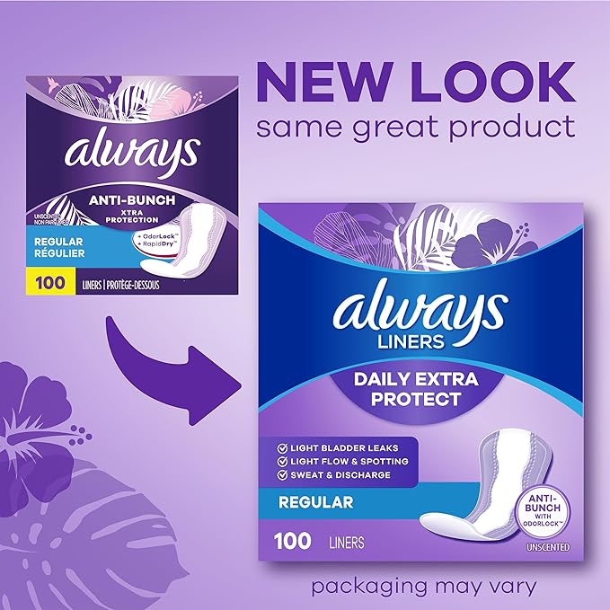 Always Daily Extra Protect Liners, Extra Long Length, Unscented Panty Liners, Feel Clean and Comfortable for up to 10 Hours, 116 Count (Packaging May Vary)