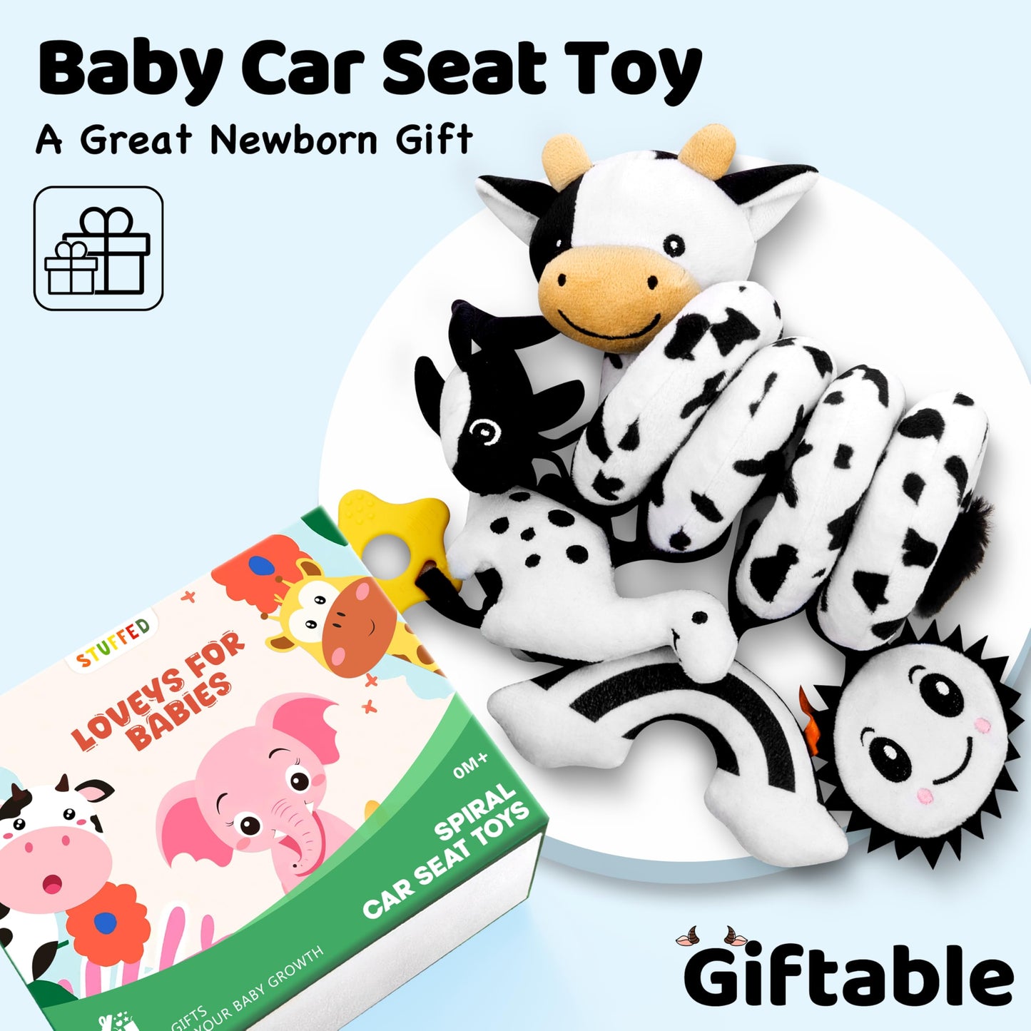 Spiral Car Seat Baby Toys 0-6 Months, Infant Carseat High Contrast Sensory Toys Hanging Stroller Accessories, Newborn Shower Gifts for Baby Boys Essentials Stuff, Cute Black and White Cow
