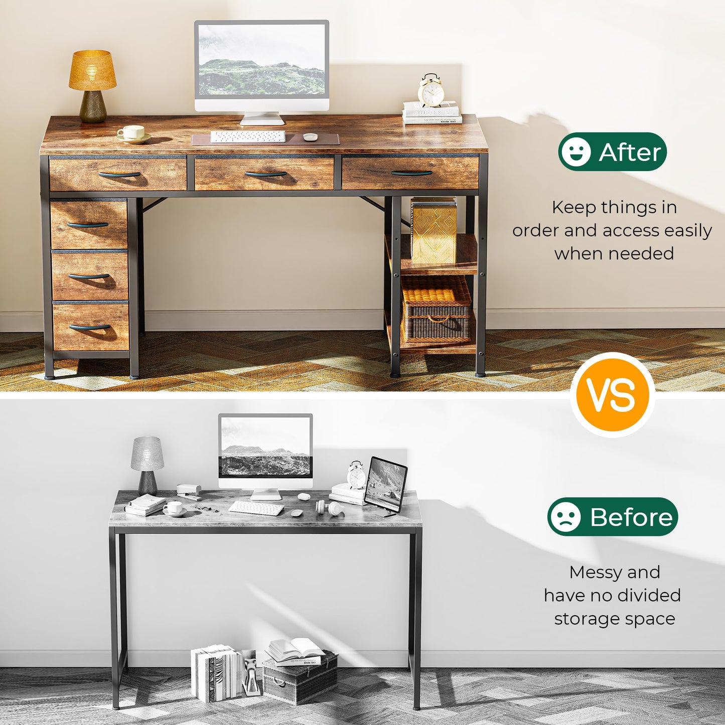 Huuger Computer Desk with 6 Drawers, Office Desk with Shelves, Reversible Gaming Desk, Corner Desk with Storage, Work for Home Office, Study, Living Room, 47inch, Rustic Brown
