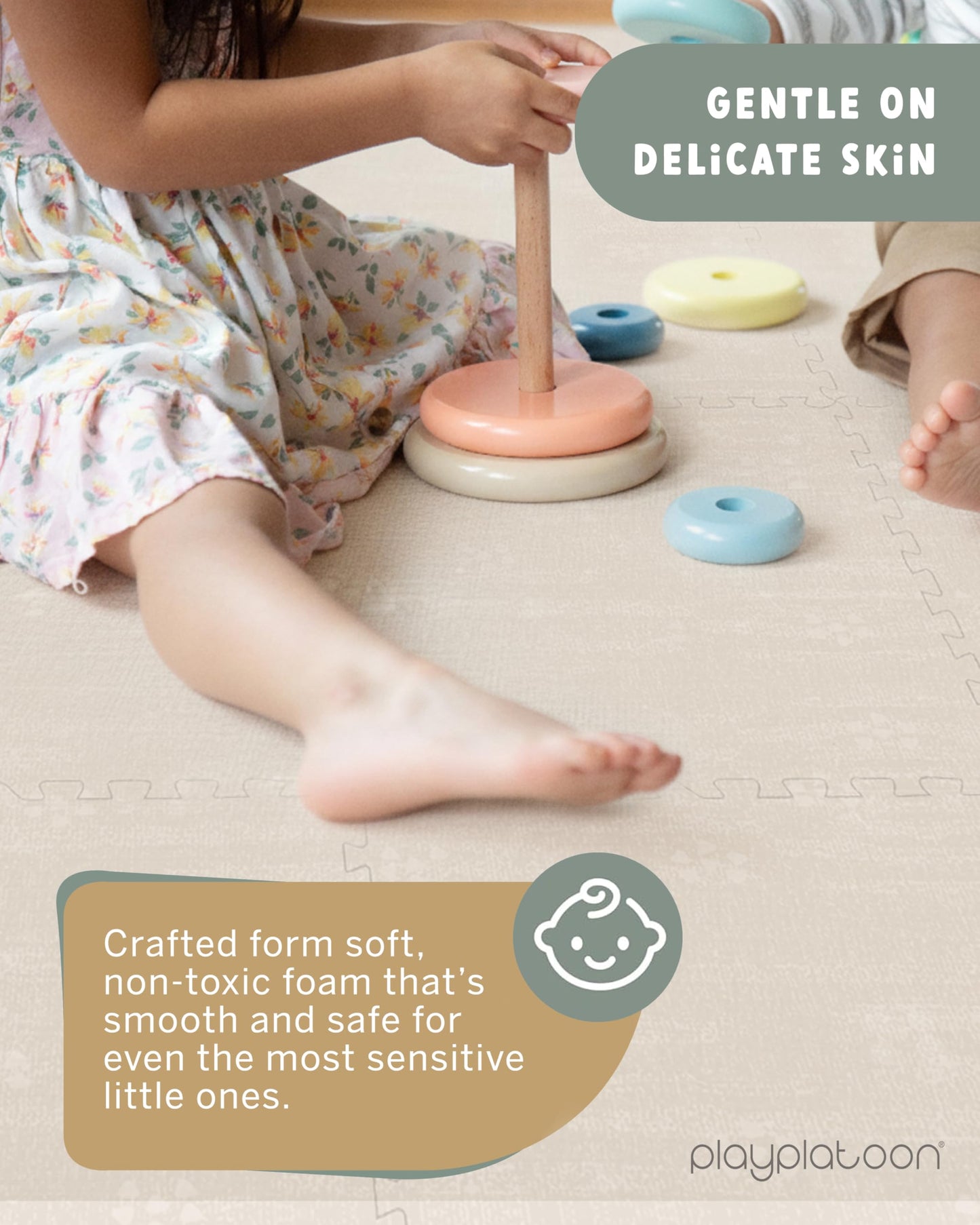 Play Platoon Non-Toxic Large Baby Play Mat for Floor, 9 Tile 72 x 72 inch - Extra-Thick Interlocking Foam Floor Tiles 24 x 24 in Puzzle Mat Pieces with Border, Playmat Rug for Kids - Brushed Cotton