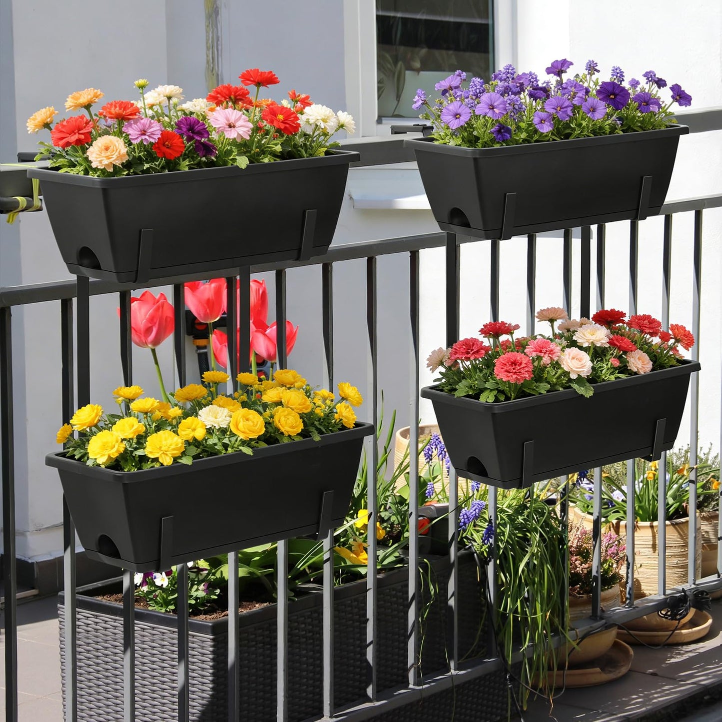 Railing Planter Box 2 Tier Window Boxes Planters Set of 2 with 4 Pack Flower Boxes 16.9 Inch Deck Railing Planter with Adjustable Brackets Black Balcony Fence Hanging Planters for Outdoor Porch Patio