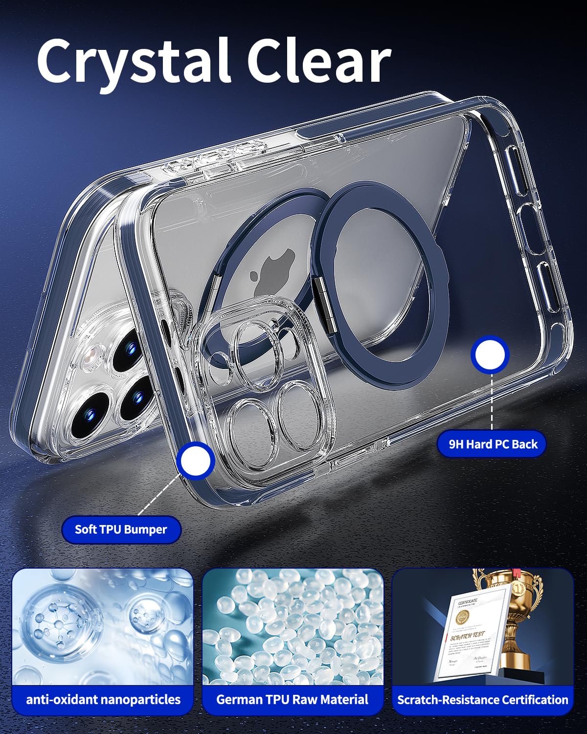 DecaStars Magnetic for iPhone 15 Pro Max Case with 360 Spin Stand [Compatible with MagSafe] [Military-Grade Protection] [Detachable Strip] Anti-Yellowing Slim Case for iPhone 15 Pro Max 6.7", Blue