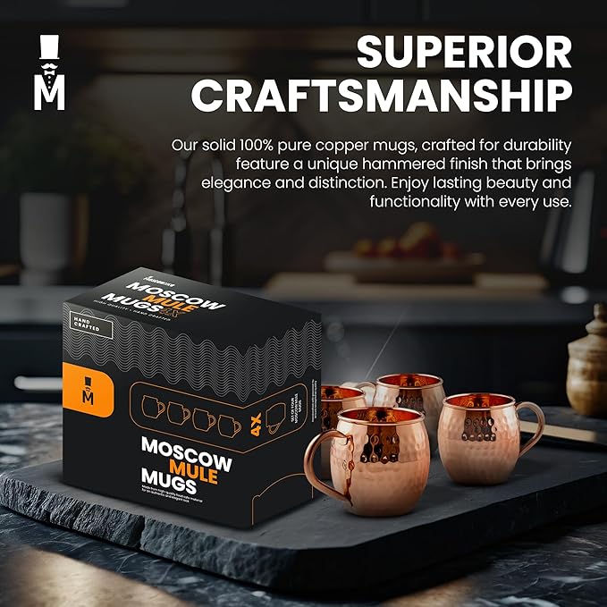 Moscow-Mix Moscow Mule Mugs - Set of 2-100% Pure Copper Mugs 16 OZ Large - Handcrafted Hammered Moscow Mule Cups Set - Premium Solid Pure Copper Cups Gift