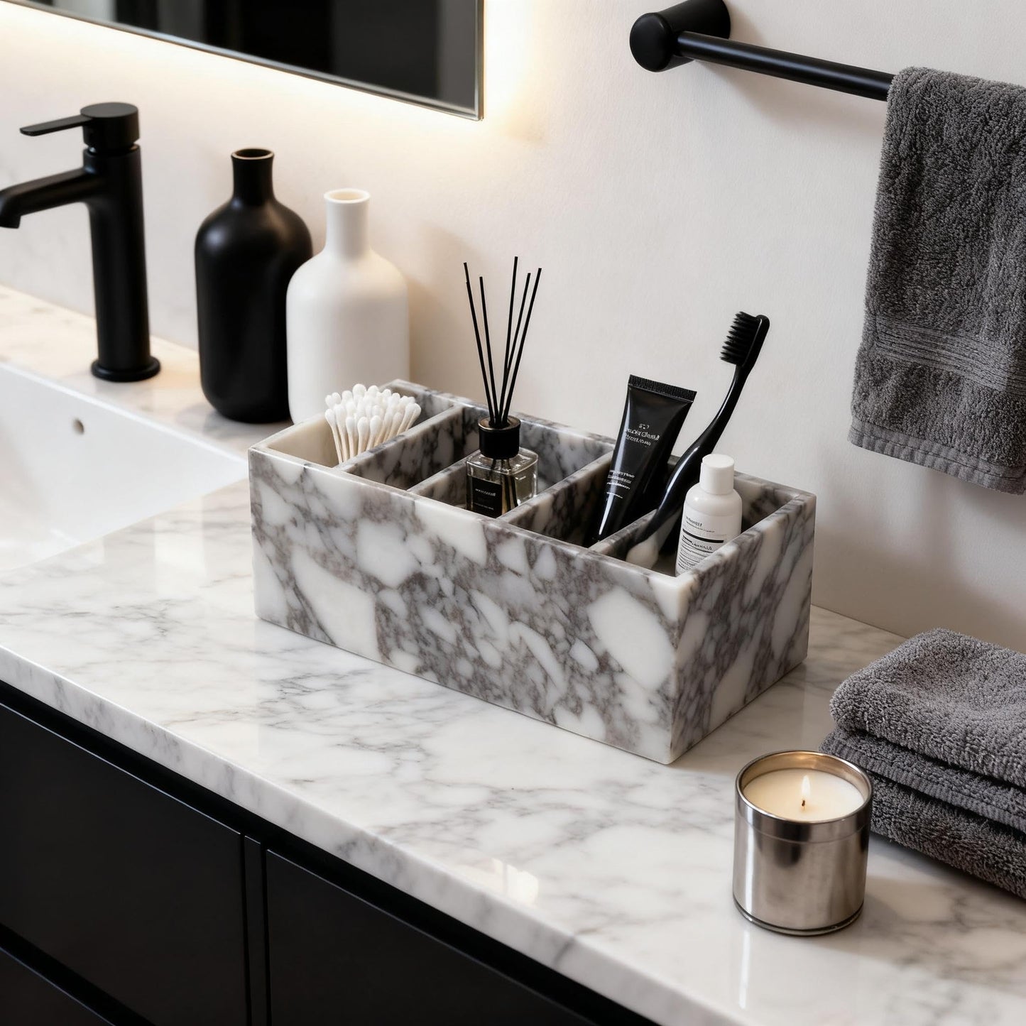 Artisanal Abode 5-Tier Marble Desktop Organizer for Office & Beauty Tools - Stackable Makeup Brush Storage, Coffee Accessories Holder with Natural Stone Pattern, Multi-Layer Countertop Tray