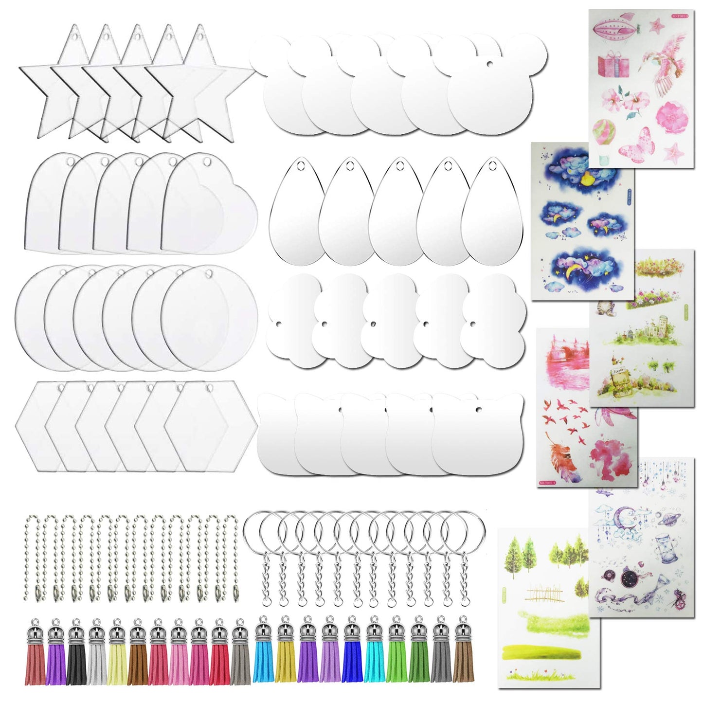 Allazone 8 Style Acrylic Transparent Circle Discs Set, Acrylic Clear Keychain Blanks, Keychain, Mini Tassels, Ball Chain and Sticker for DIY Projects and Crafts
