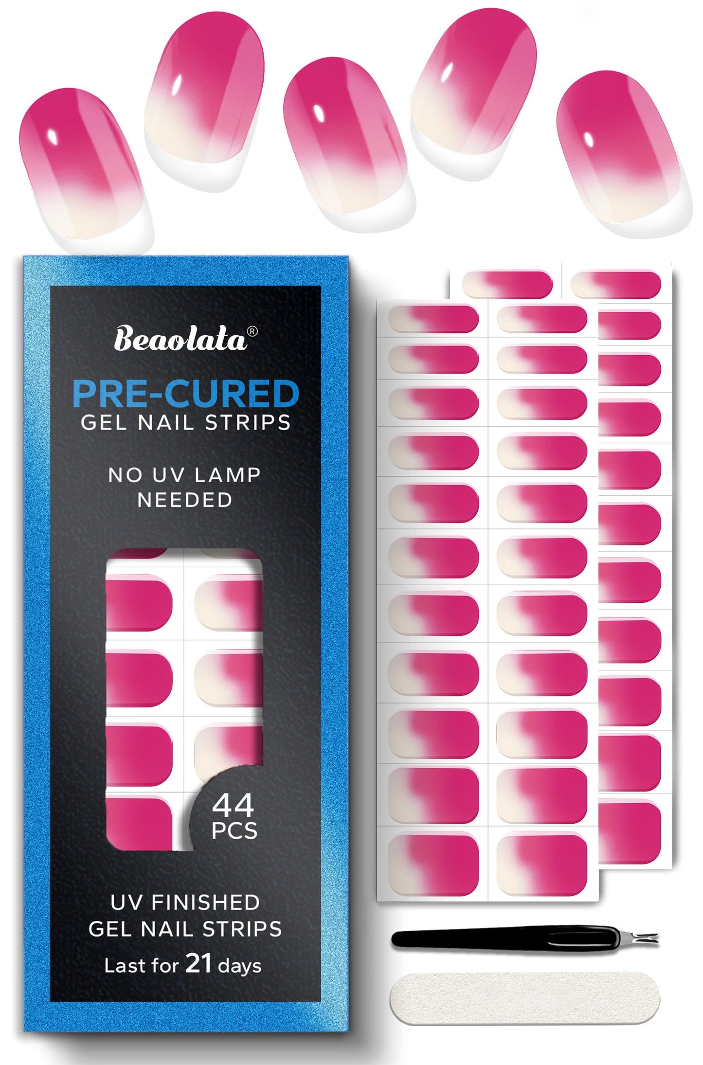 Beaolata Real Gel Nail Strips (No UV Light Needed) - 44Pcs Salon Quality Nail Stickers - Long Lasting Polish Wraps for Women, Easy Apply & Remove (Sunkissed Peach Pink)