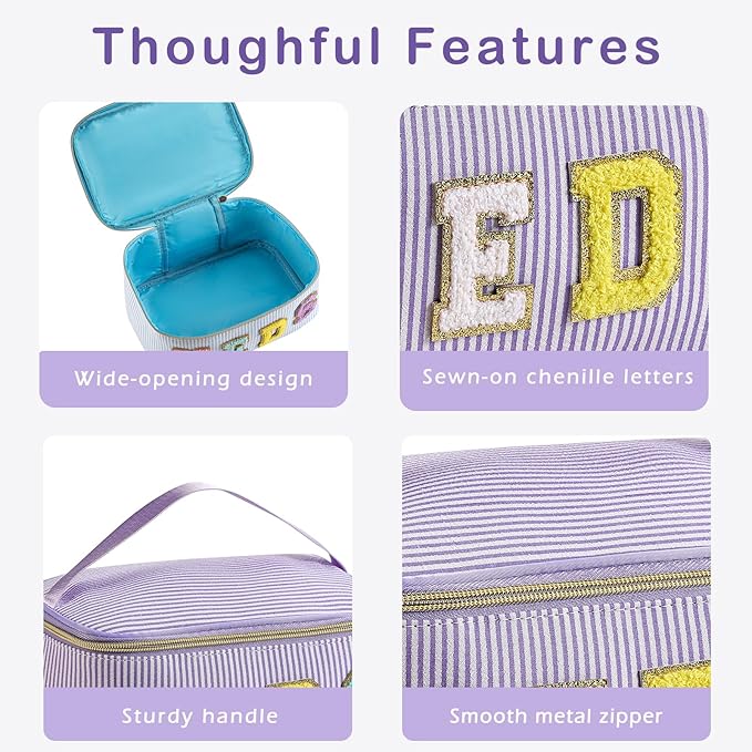 uekeboag Personalized Chenille Letter Seersucker MEDS Makeup Bag,Large Size Medicine RX Cosmetic Bag with Top Handle, First Aid Travel Organizer Bag for Women Girls(03Purple)