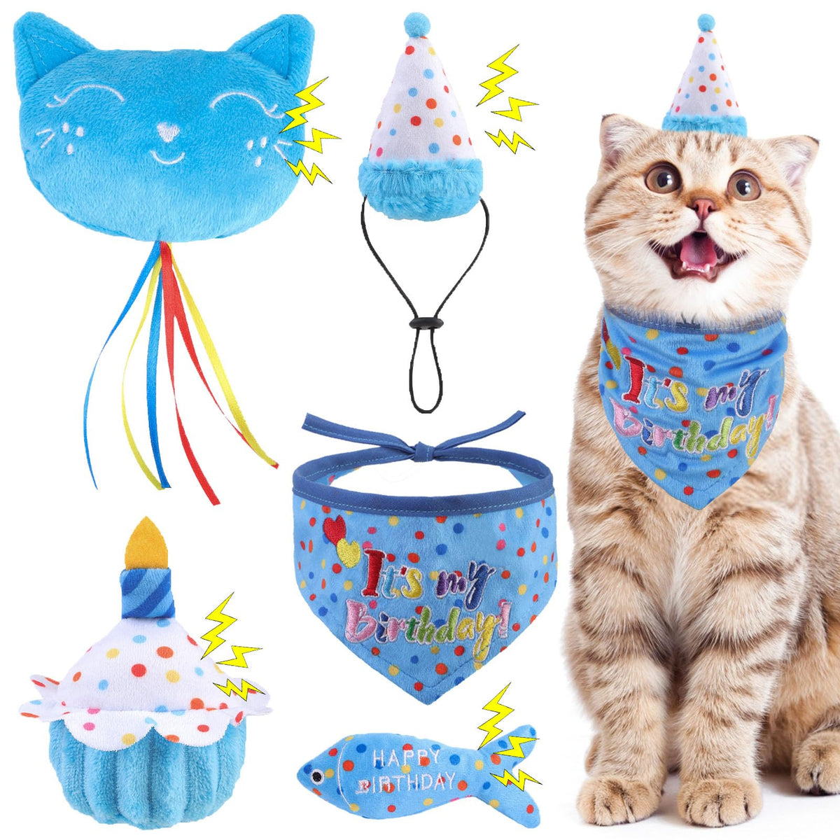 BINGPET Cat Birthday Decorations Outfit, 5 Pcs Catnip Toys for Indoor Cats