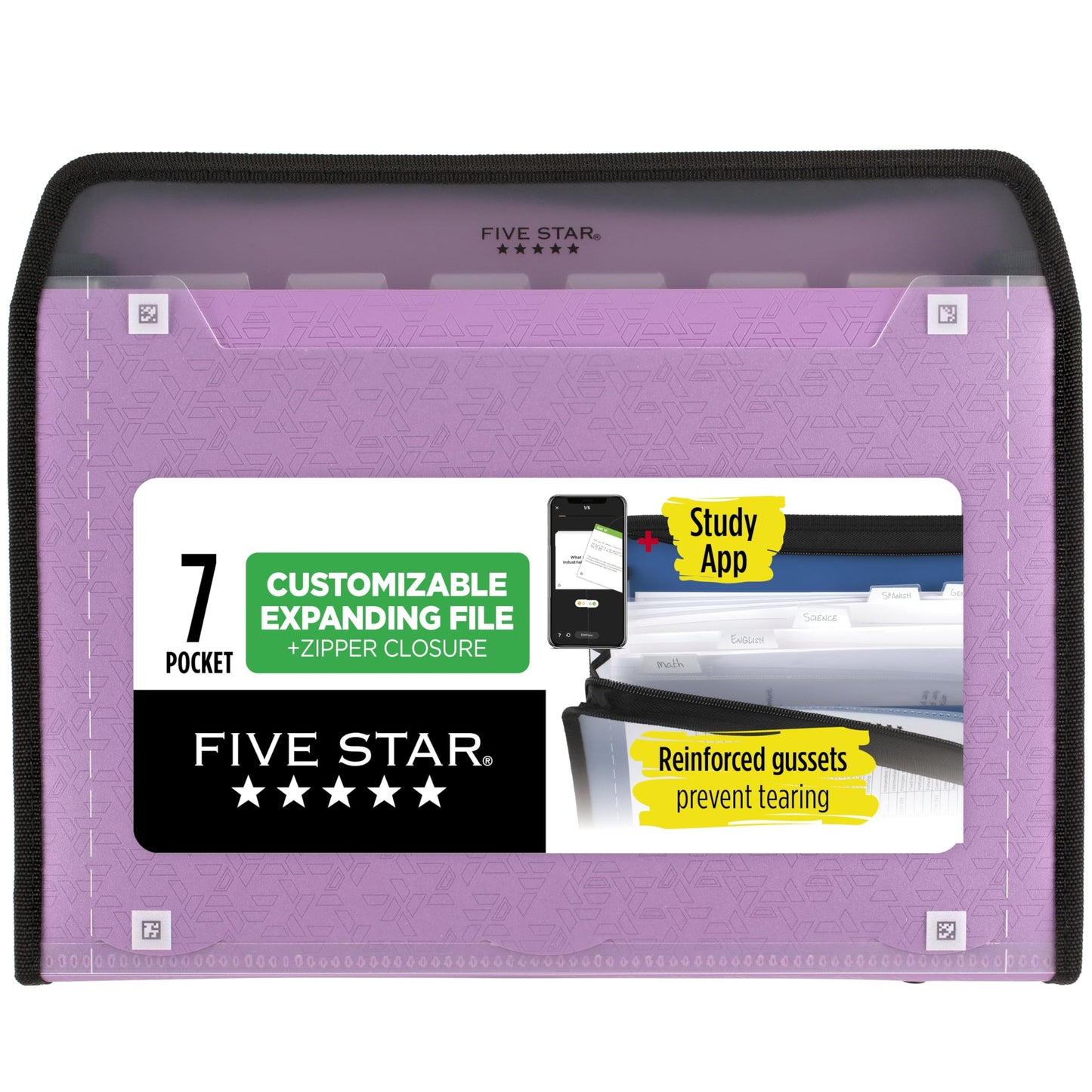 Five Star Expanding File Organizer + Study App, 7-Pocket Accordian File Organizer, Zipper Closure, Holds 8-1/2" x 11" Paper, Amethyst Purple (350099G-ECM)