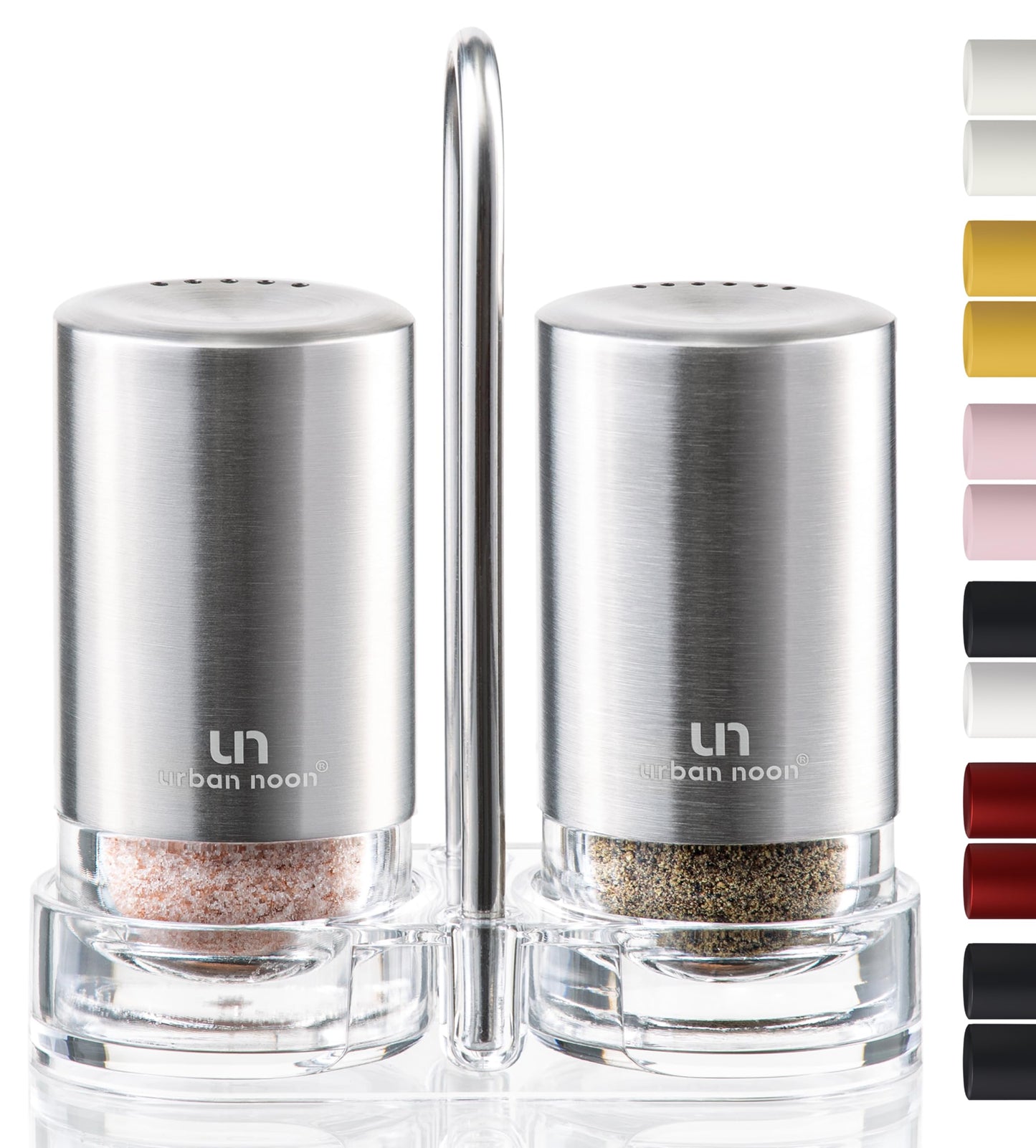 Salt and Pepper Shakers with Holder - Elegant Stainless Steel Salt Shaker and Pepper Shaker Set with Acrylic Holder for Kitchen Counter or Restaurant Table