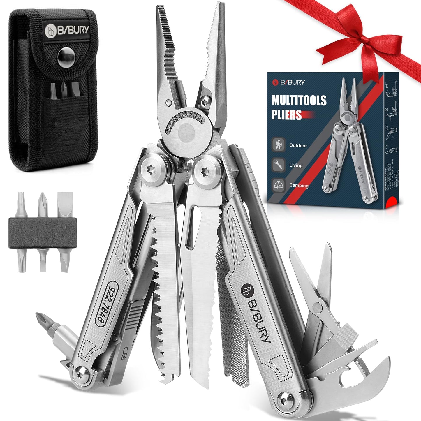 BIBURY Multitool with Pocket Knife, 19-in-1 Stainless Steel Pliers with Scissors, Self-locking Multi tools with EDC Sheath for Home, Camping, Hiking, Survival, Gifts for Men, BI2038A
