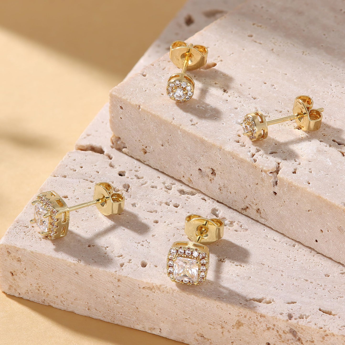 Hayoso Cubic Zirconia Stud Earrings for Women Men Sterling Silver Earring Post Hypoallergenic 14k Gold Plated Round&Square Earrings Gold2