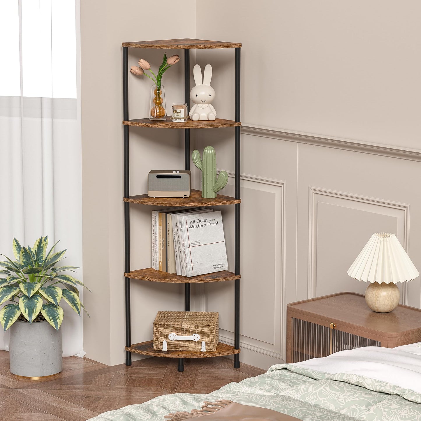 Greatseas Corner Plant Stand Shelf, 5 Tier Tall Shelf Plant Stand for Indoor Plants, Rustic Brown Corner Bookshelf Wall Decor Living Room, 44.1" Display Shelf for Bedroom, Bathroom, Small Space