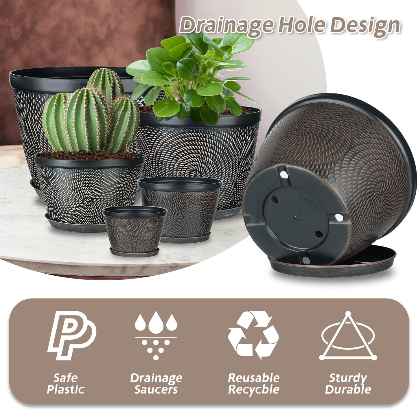 Quarut 12 Inch 4 Pack Large Plant Pots, Plastic Flower Pot for Indoor & Outdoor with Drainage Holes & Saucer, Circle Pattern Planters Garden Pots for Herbs