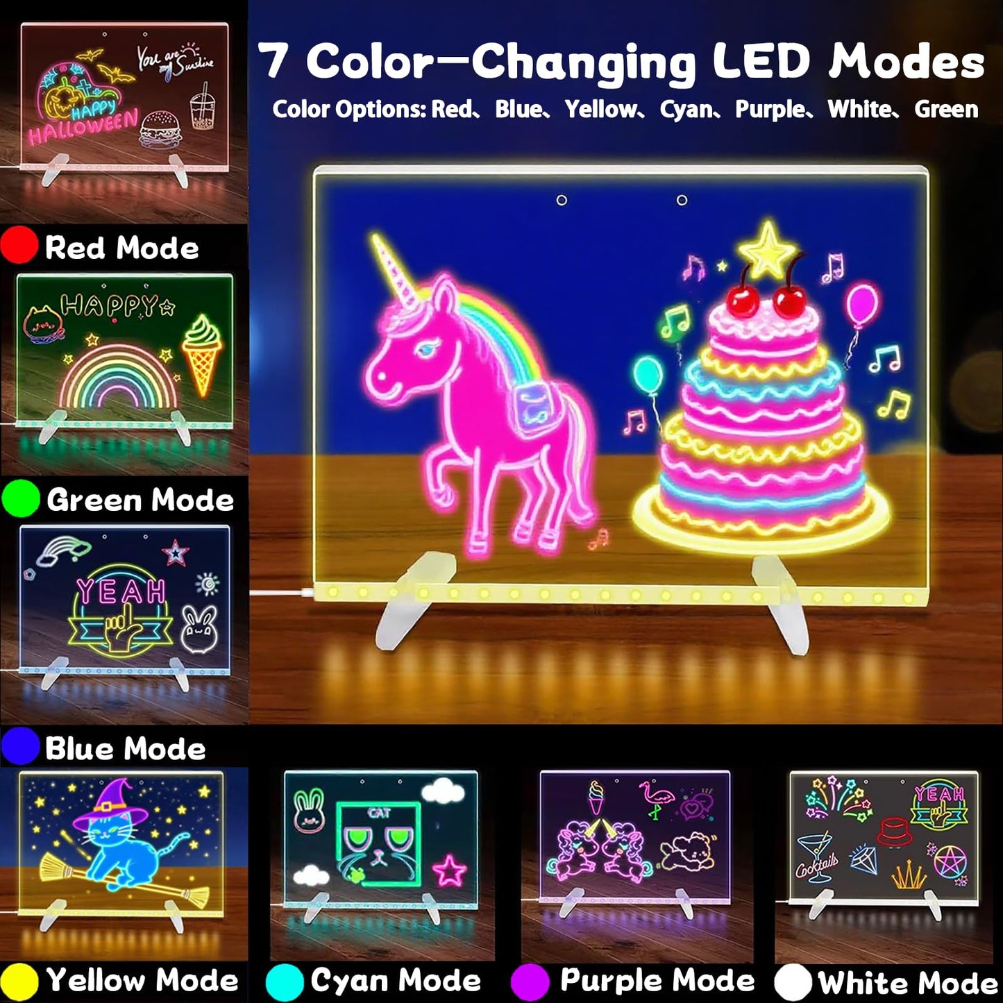 2026 2Pack LED Drawing Board with Colors, Glow Doodle Acrylic Dry Erase Board for Kids Ages 6+, 13.7"x9.75" Plug-in Light Up Note Boards for Boys & Girls Drawing & Creative Play
