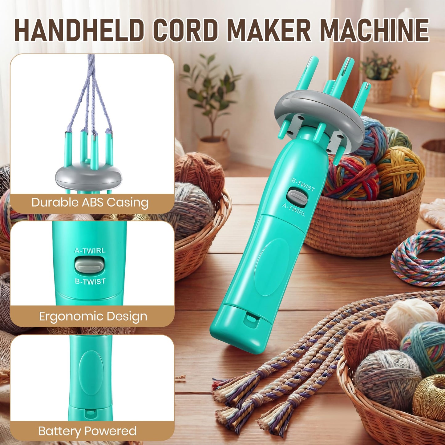 Gulfmew Portable Cord Maker & Fringe Twister, Handheld Yarn Crafting Tool for DIY Macrame & Knotting, Lightweight & Beginner-Friendly, Twisting Tassels in Seconds for Scarves(Green)