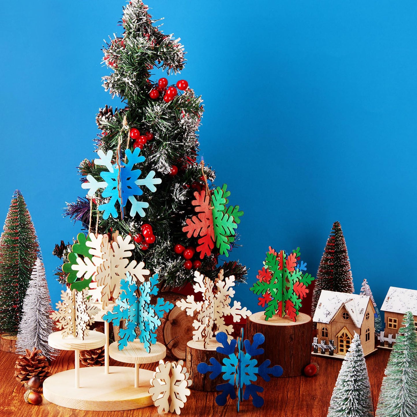 Chunful 48 Pcs Wooden Snowflake Ornaments DIY 3D Winter Snowflake for Crafts Bulk 24 Sets Unfinished Hanging Snowflakes Ornaments with Cord for Winter Party Decoration