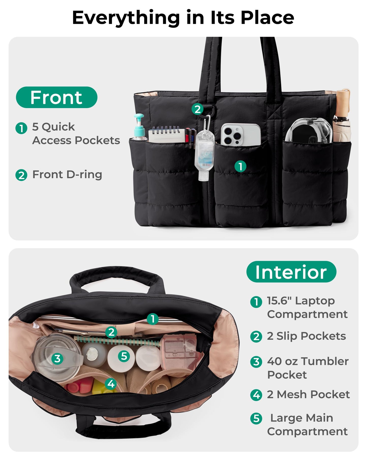 Fasrom 2PCS Nurse Tote Bag Bundle for Work, Structured Clinical Bag and Lightweight Puffer Nursing Tote, Multi-Pocket Nurse Bags for Nurses, Nursing Students, Home Health Care, Black