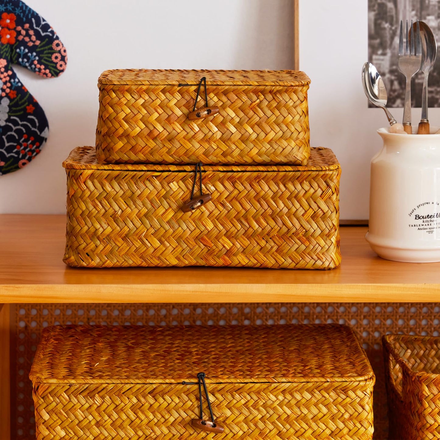 EugroVanth Wicker Storage Box with Lid, Handwoven Baskets for Storage, Rectangle Decorative Baskets Bins Container for Shelf Organizing Home, Set of 3, Natural