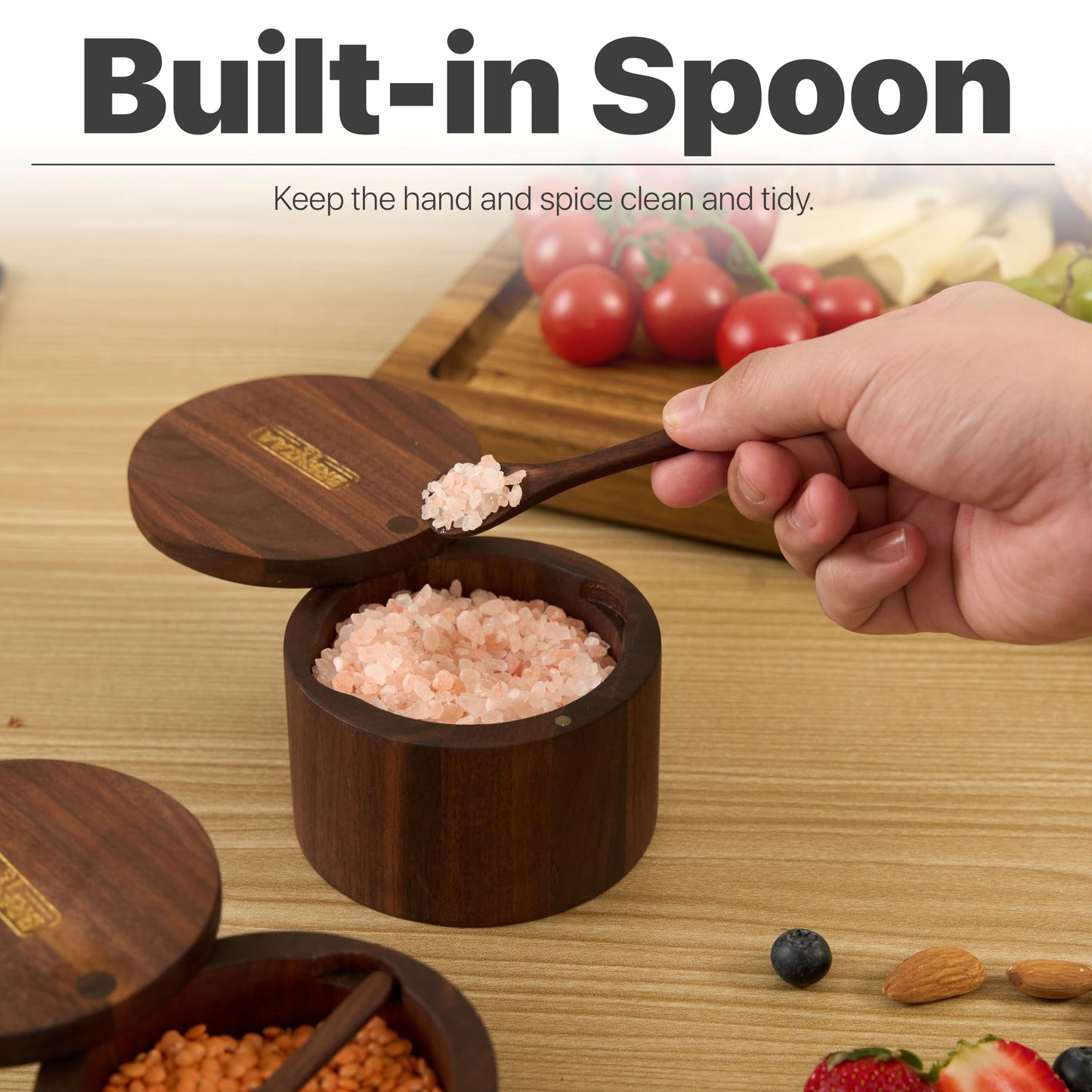 BRENZAA Walnut Wood Salt Cellar With Built in Spoon & Magnetic Swivel Lid, Spice Organizer for Salt, Herbs & Seasonings Storage Box – Kitchen Counter Storage & Gift