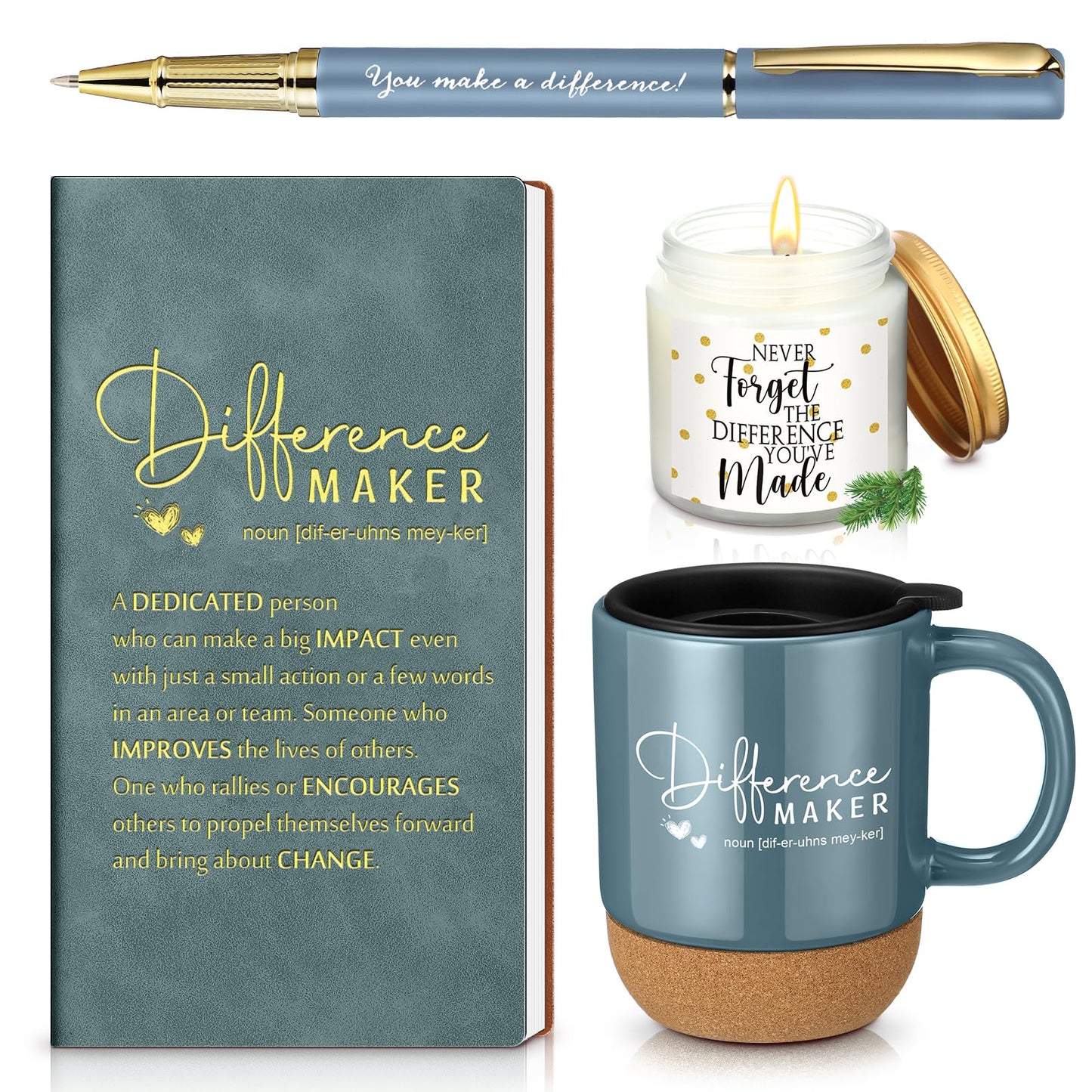 Vesici 4 Pcs Difference Maker Gift for Women Men Difference Maker Mug Notebook Candle Motivational Pen Employee Appreciation Gift for Teacher Volunteer Nurse Coworker Secretary(Dark Blue,Word)