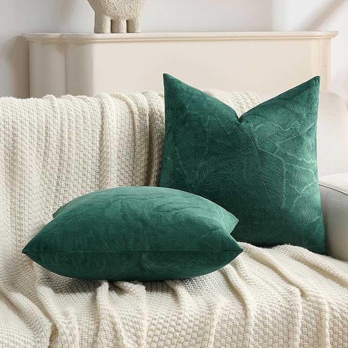FUTEI Christmas Dark Green Velvet Throw Pillow Covers 20x20 Inch Set of 2,Soft Embossed Leaf-Relief Textured Cushion Cases,Natural Home Decor for Couch Living Room