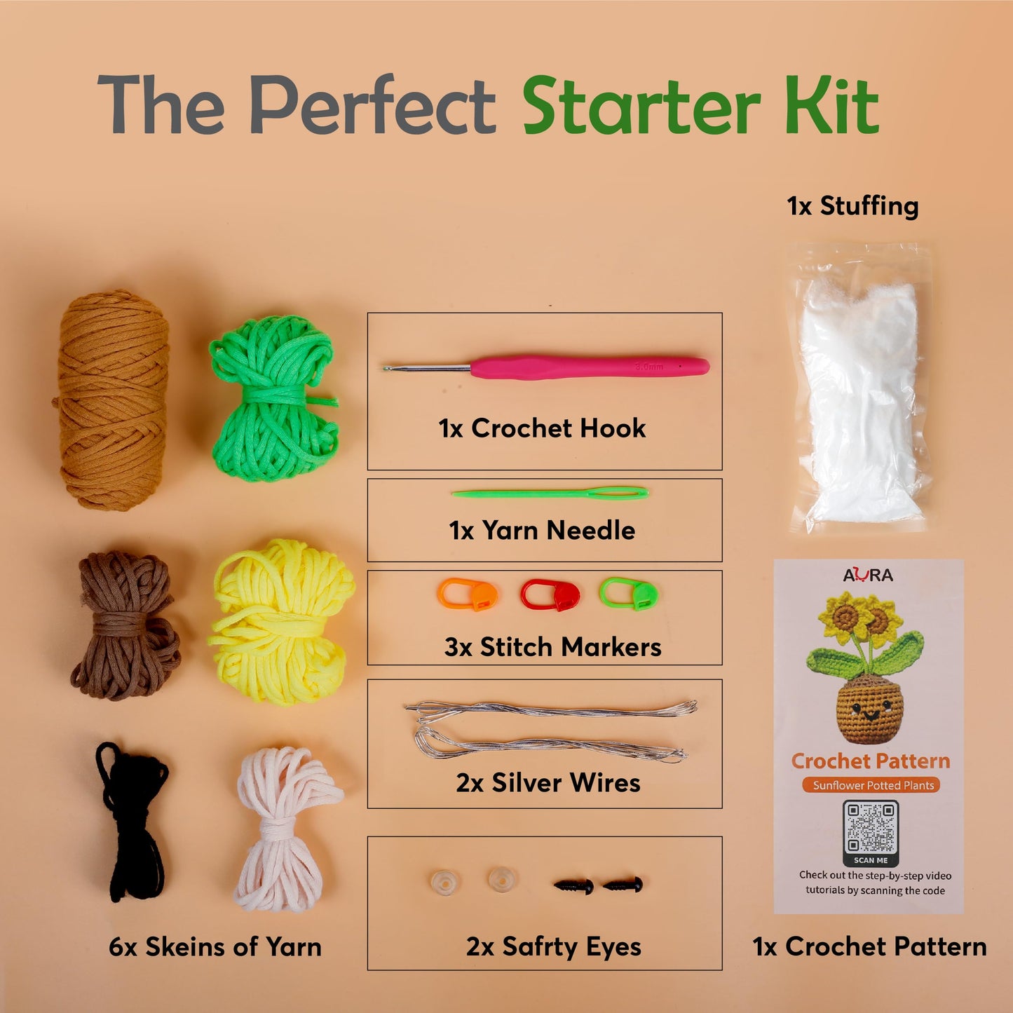 A-URA Learn to Crochet Kit for Beginners Kids and Adults, Premium Pattern Sunflower Beginner Crochet Kits with Easy Tube Yarn & Step-by-Step Video Tutorials