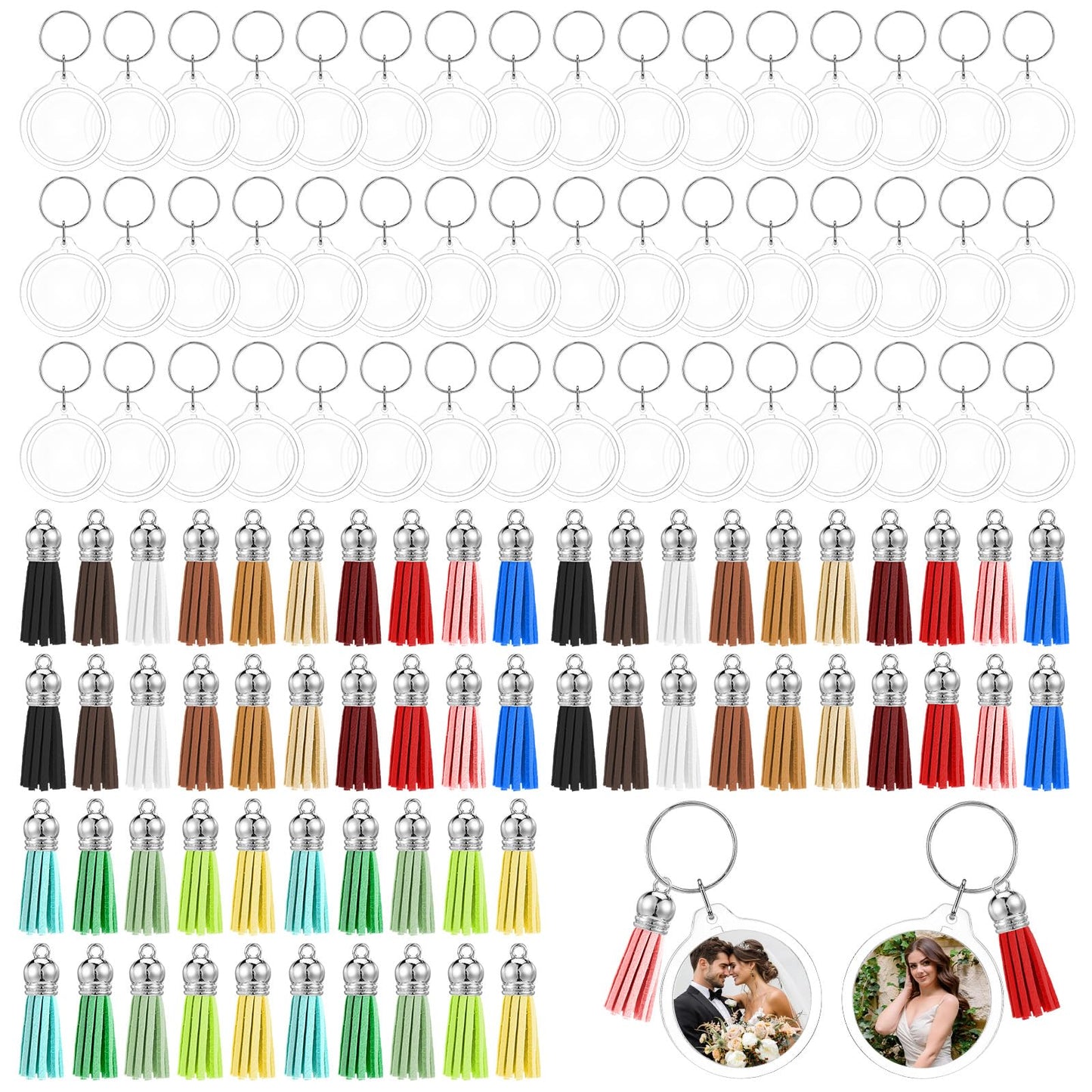 moheaaei 60 Pcs Acrylic Photo Frame Keychain with Tassels, Double Sided Acrylic Picture Frame Keyrings, Snap-In Custom Insert Photo Keyring Clear Blank Picture Keyring