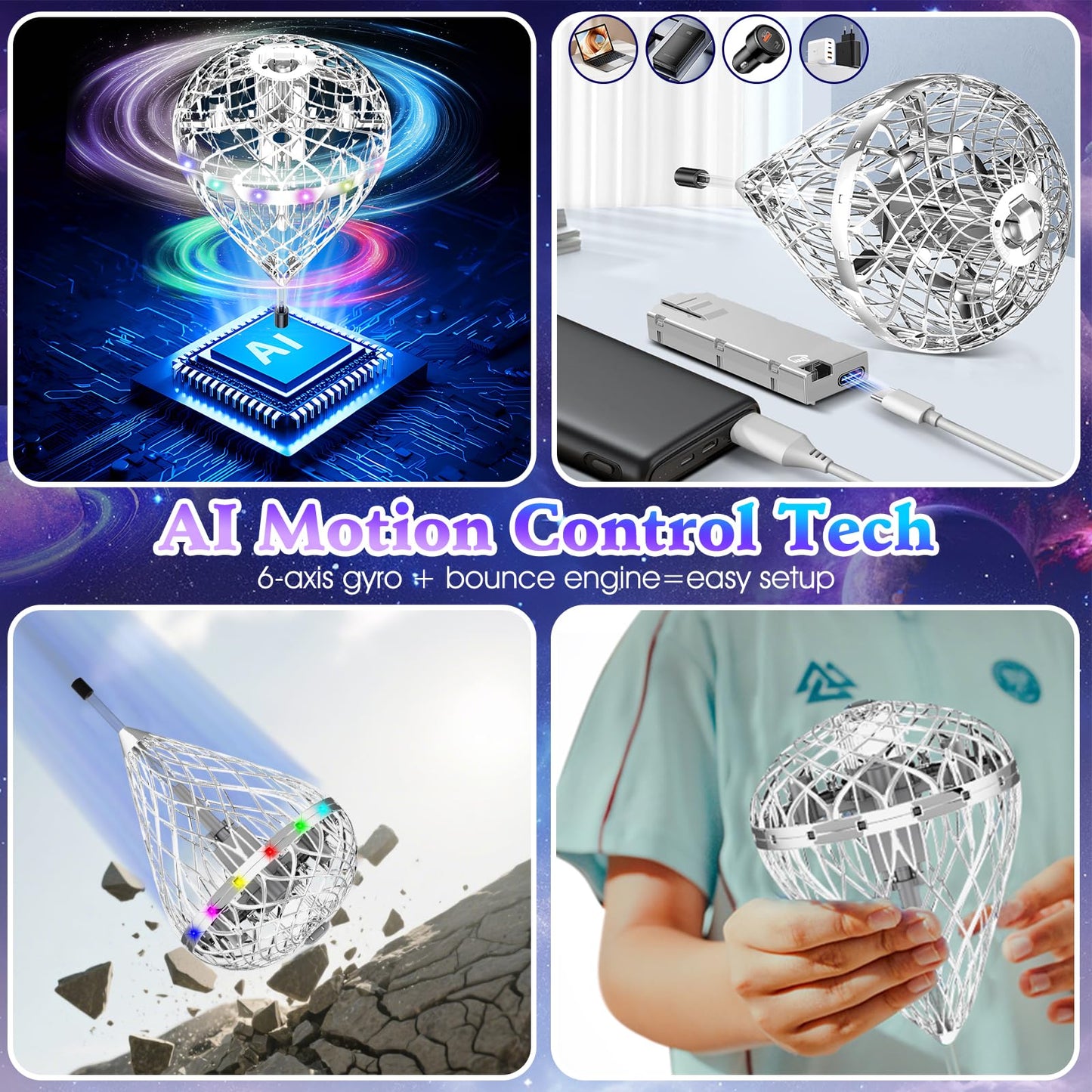 2025 Flying Orb Ball Cosmic Globe, 3D Bouncing & Hover Spinning Floating Ball Toy with Dazzling RGB Lights, Outdoor Ball Cool Toys Gift for Boys Girls Ages 6 7 8 9 10+(Silver)