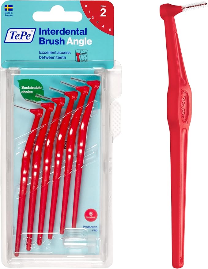 TePe Interdental Brush Angle, Angled Dental Brush for Teeth Cleaning, Pack of 6, 0.5 mm, Extra-Small/Small Gaps, Red, Size 2