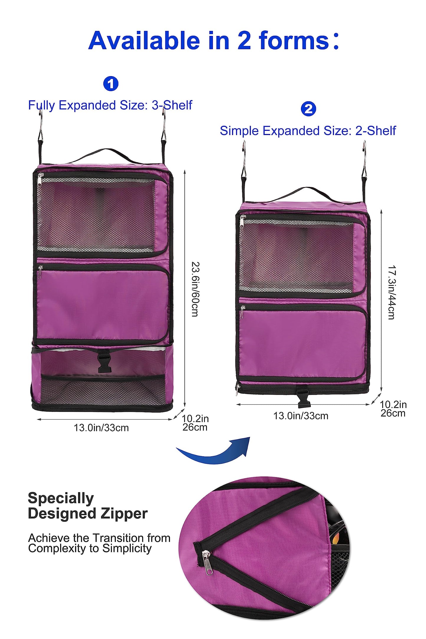 ELEZAY Hanging Packing Cubes Portable Closet 3-Shelf Travel Collapsible Compression Garment Organizer for Carry-on Luggage Suitcase Space Saver Bag X-Large_No Side Pockets, Purple