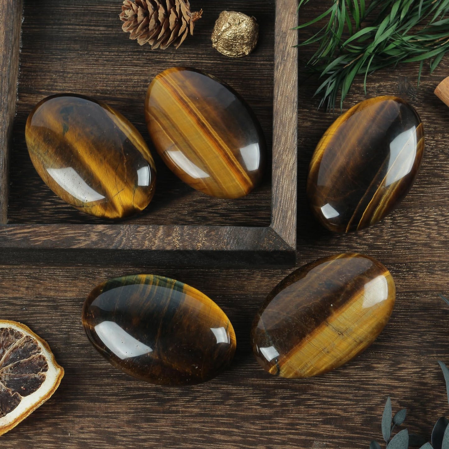 Loveliome Natural Tiger's Eye Oval Polished Worry Stones, Healing Crystal Indoor Fountain Stones Massage Energy Anxiety Relief Items