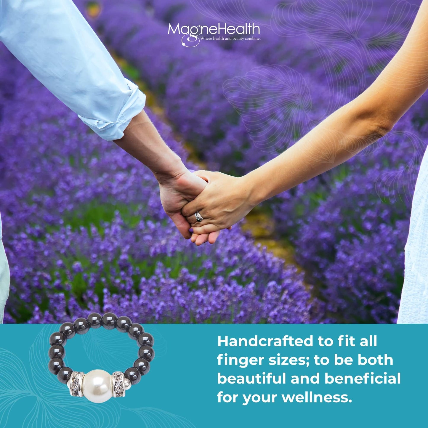 MAGNEHEALTH - Black - XS 5-6 - Magnetic Hematite Stretch Ring with Large White Magnet Bead, Unisex Ring, Absorbs Negative Energy, Wellness & Balance Jewelry