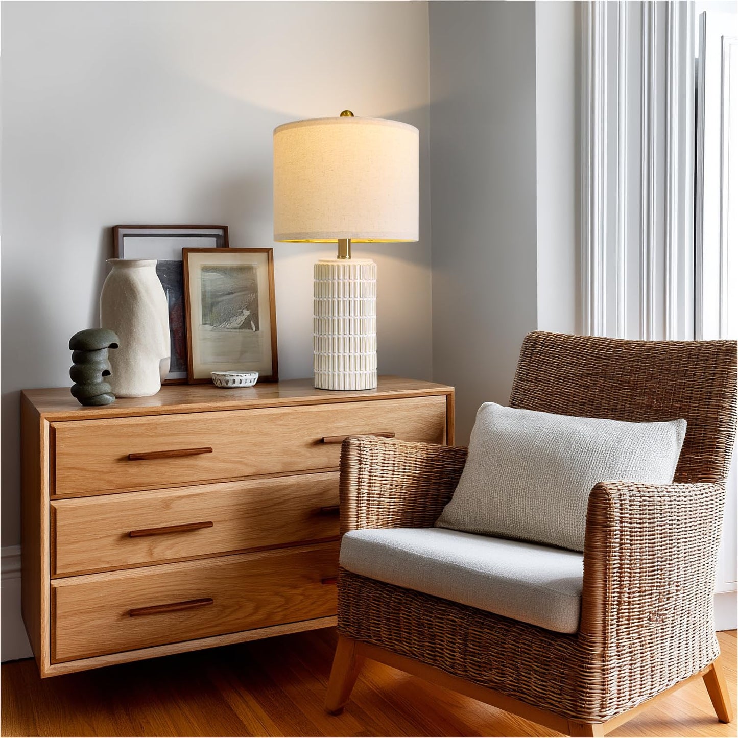 PoKat 20.75" Small Modern Ceramic Table Lamps Set of 2 for Bedroom, White Bedside Lamps for Night Stands, Farmhouse Desk Decor Gift Nightstand Table Lamps for Living Room End Table Beige