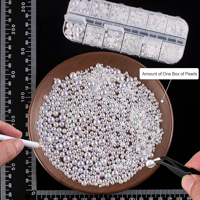 4000PCS Flatback Rhinestones and Half Round Pearls Kit #32, Multi Size Glass AB Crystals, Plastic Flat Back White AB Dome Bead with Pickup Pencil and Tweezer for Nail Art