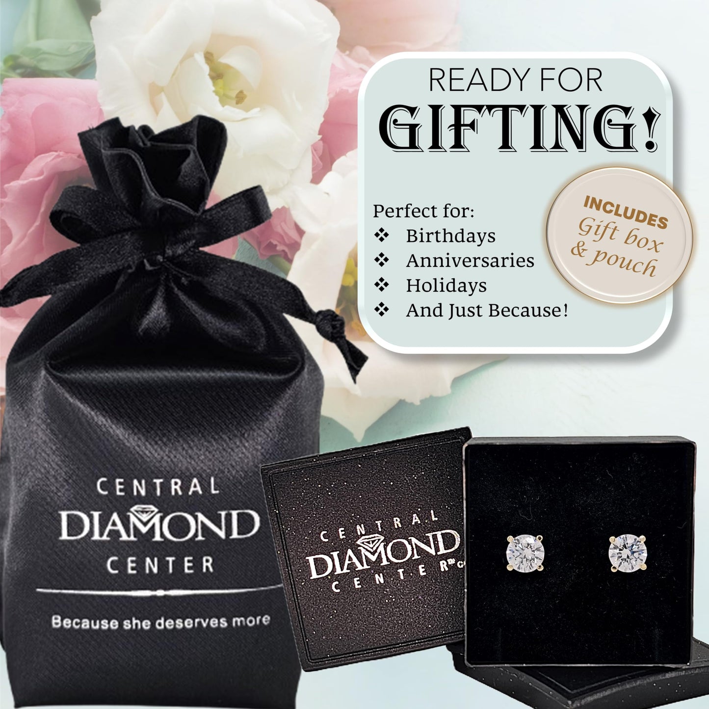 Central Diamond Center 14K Solid Gold Post & Sterling Silver Made with Swarovski 4 Prong CZ Stud Earrings - Yellow Gold Plated - 6.50mm - 2.00cttw