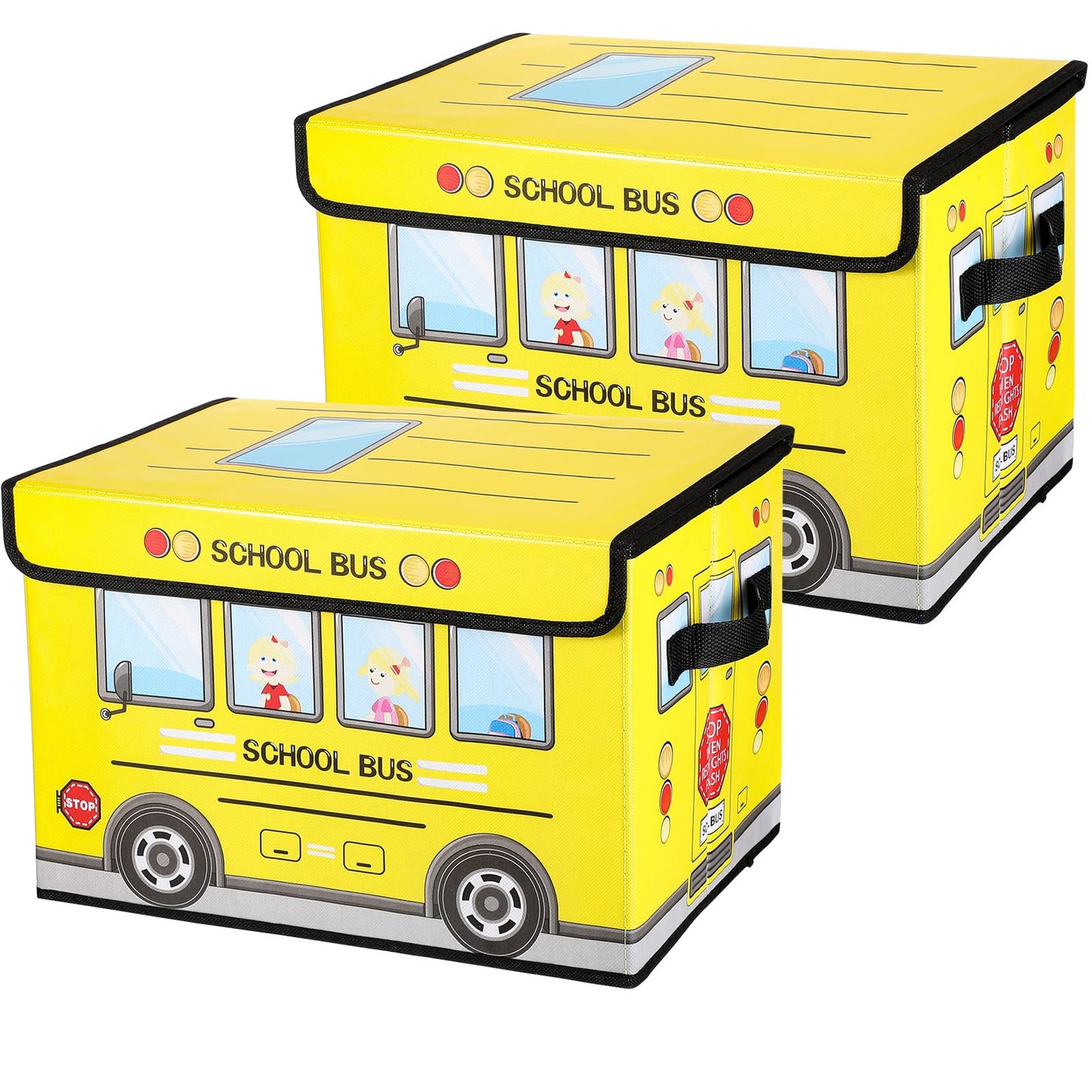 Sweetude 2 Pcs School Bus Treasure Box for Classroom, Foldable Chest Storage Toy Box Chest with Lid Treasure Storage Organizer Bin for Kids Teachers Toy Prizes Awards for Students(Yellow)