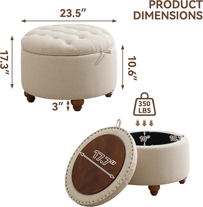 24Inch Round Storage Ottoman with Tray, Modern Tufted Fabric Circle Coffee Table with Storage, Upholstered Ottoman with Removable Top for Living Room, Bedroom, Khaki