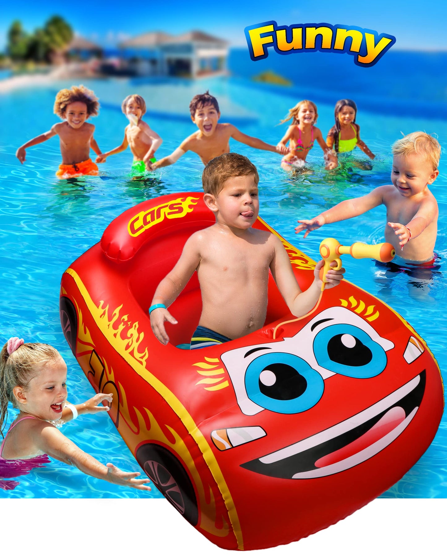 HopeRock Kids Pool Float with Water Gun - Inflatable Ride-on Swimming Toy for Boys Aged 3-8, Summer Fun (Red)