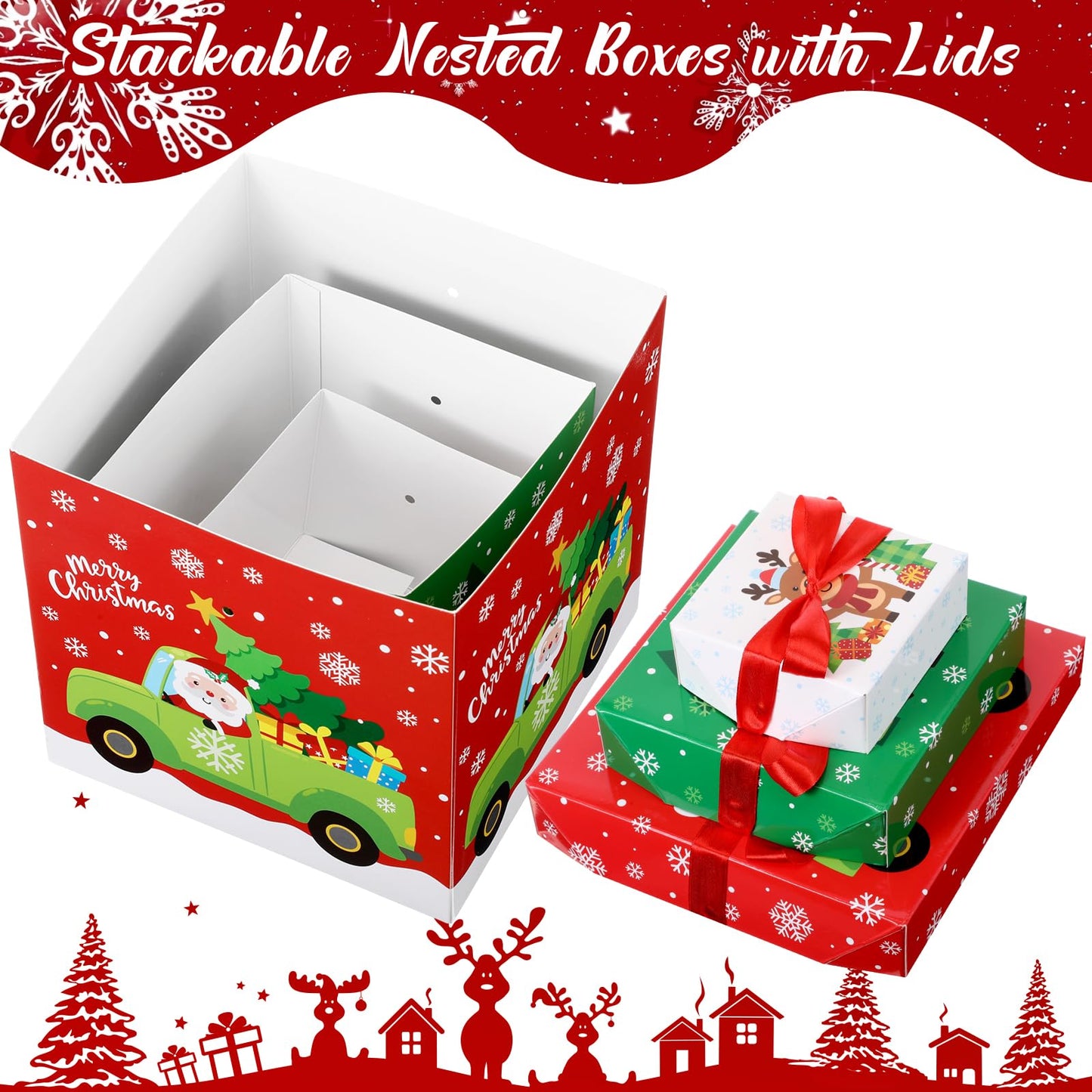 TecUnite 3 Pcs Christmas Stackable Nesting Gift Boxes Decorative Boxes with Lids for Present Wrapping Xmas New Year Holiday Party Xmas Tree Decor (Lively,Red, Green, White)