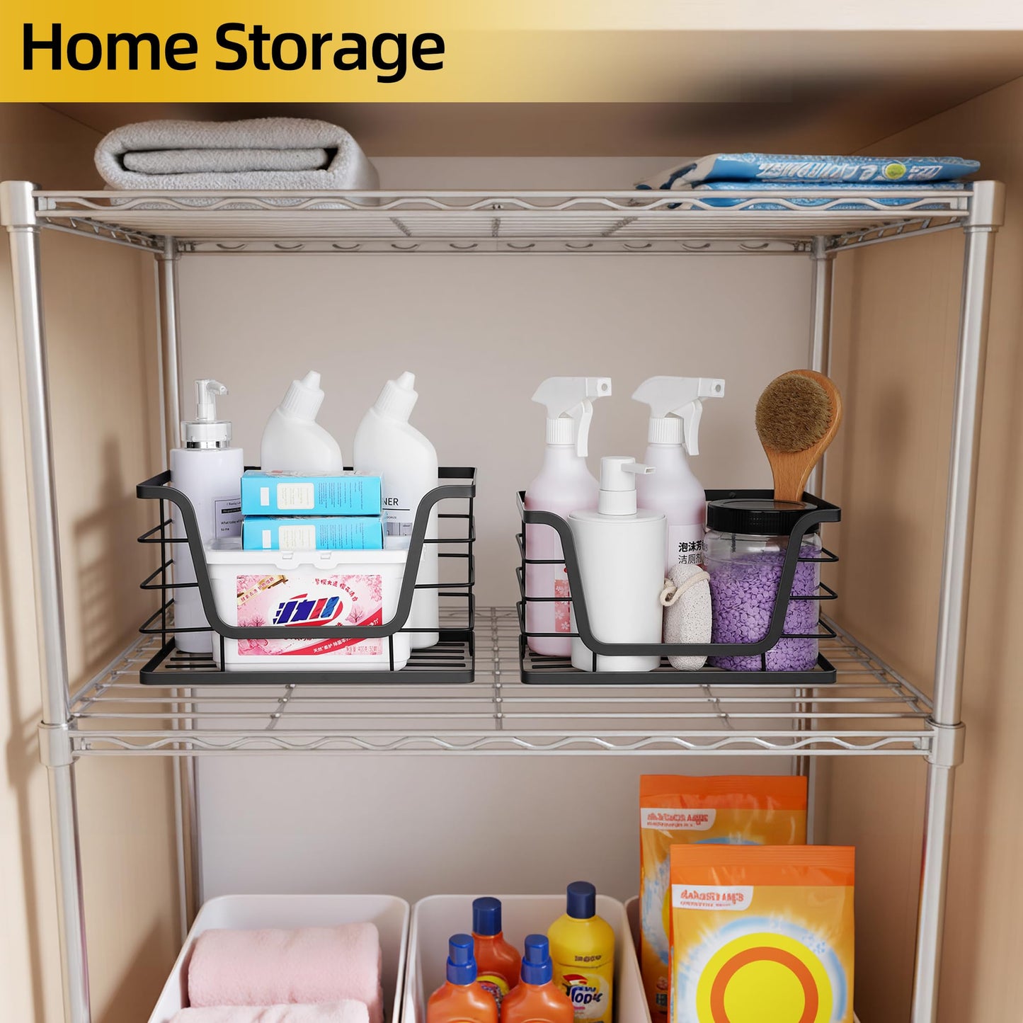 ALOCEO 2 Pack Storage Stackable Kitchen Laundry Organizers with Bamboo Top, Large Trash Bag Holder and Small Garbage Bag Dispenser for Countertop Organization