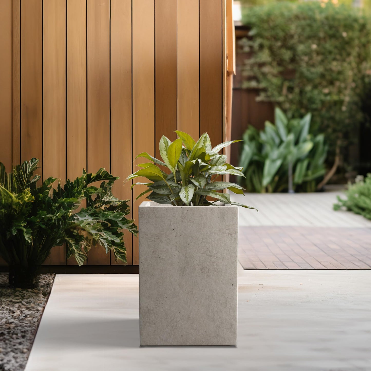 Kante 12.6" H Tall Rectangular Concrete Planters, Outdoor Indoor Lightweight Plant Pots with Drainage Hole and Rubber Plug, Modern Style for Home Garden Patio, Weathered Concrete