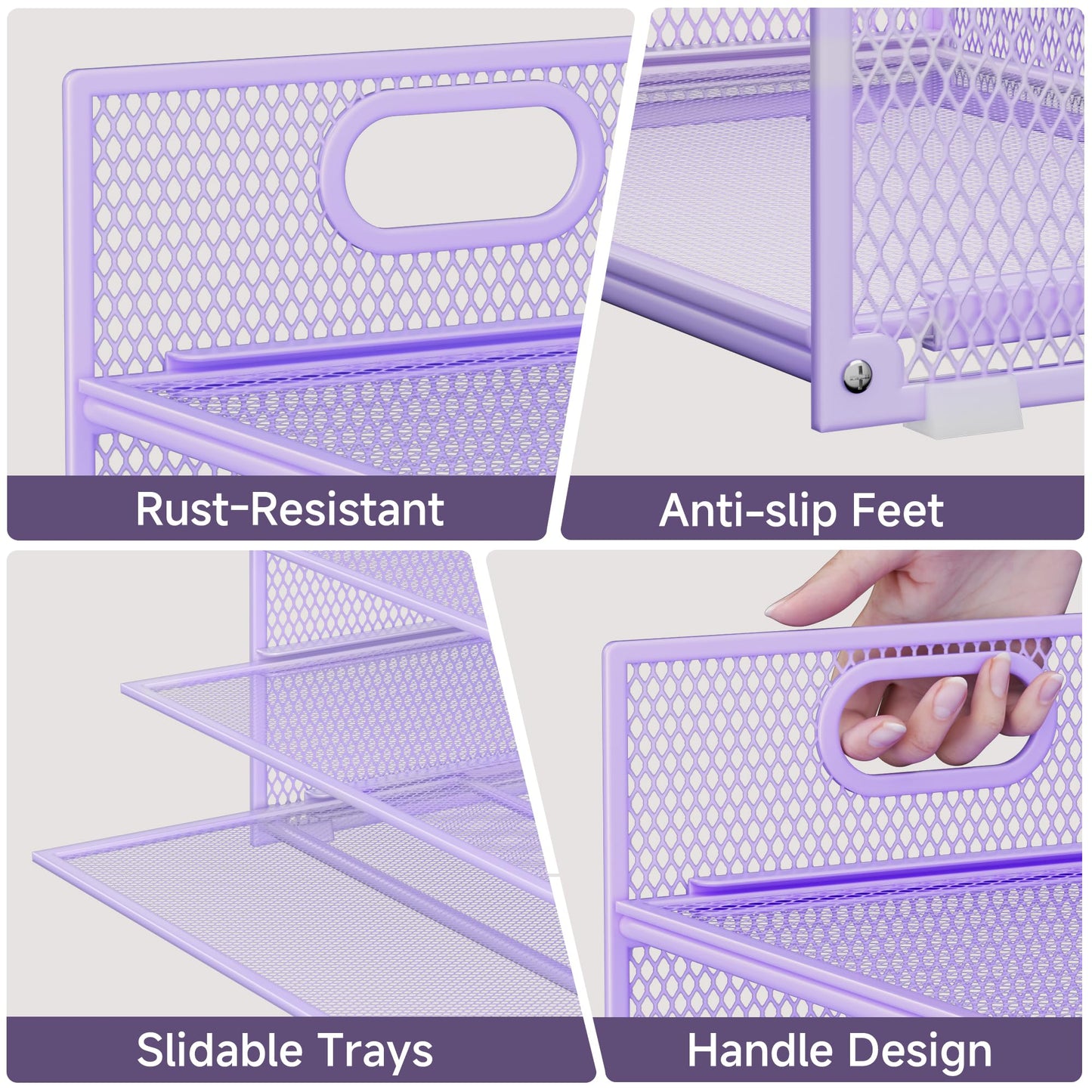 Kinkota Purple Paper Organizer for Desk with Handle, 6-Tier Metal Mesh File Organizer | Stackable Desktop Organizer for Office Supplies & Stationery Storage